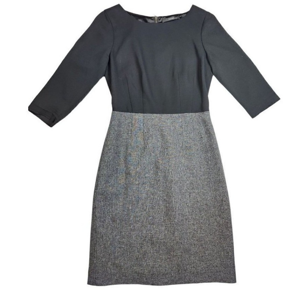 Tahari Womens Colorblock Sheath Dress Black Grey‎ Tweed 3/4 Sleeve Size 2
